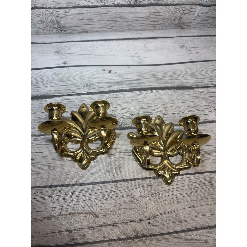 Pair of Polished Brass Leaf Wall Candle Sconces, 5" candle holders